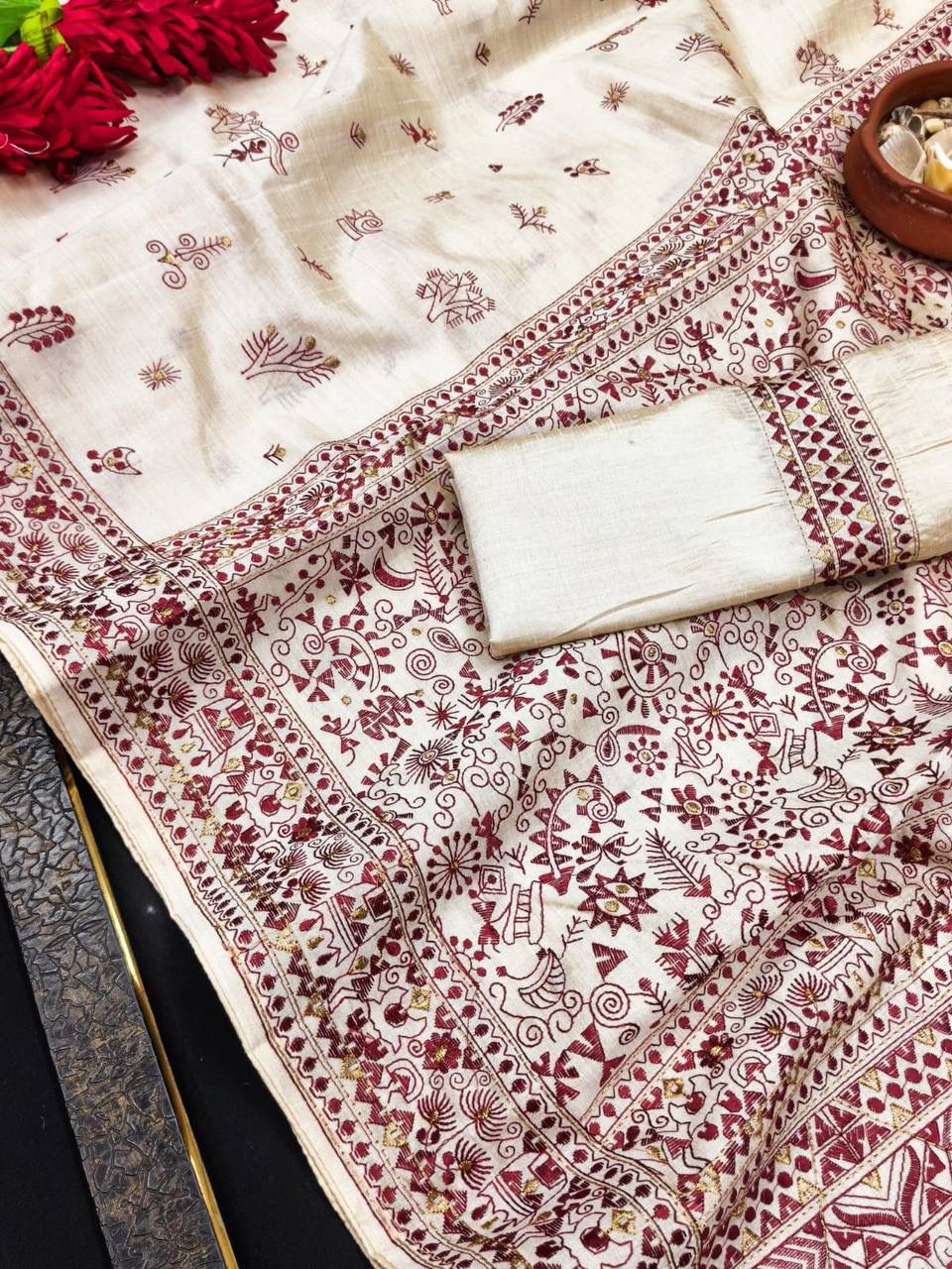 Snappy Off White Embroidery Work Tussar Silk Saree With Girlish Blouse Piece