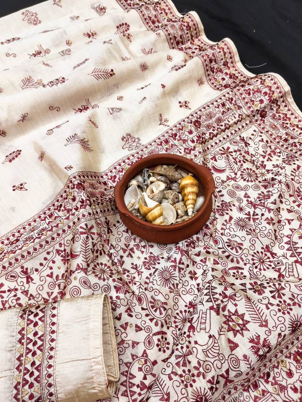 Snappy Off White Embroidery Work Tussar Silk Saree With Girlish Blouse Piece