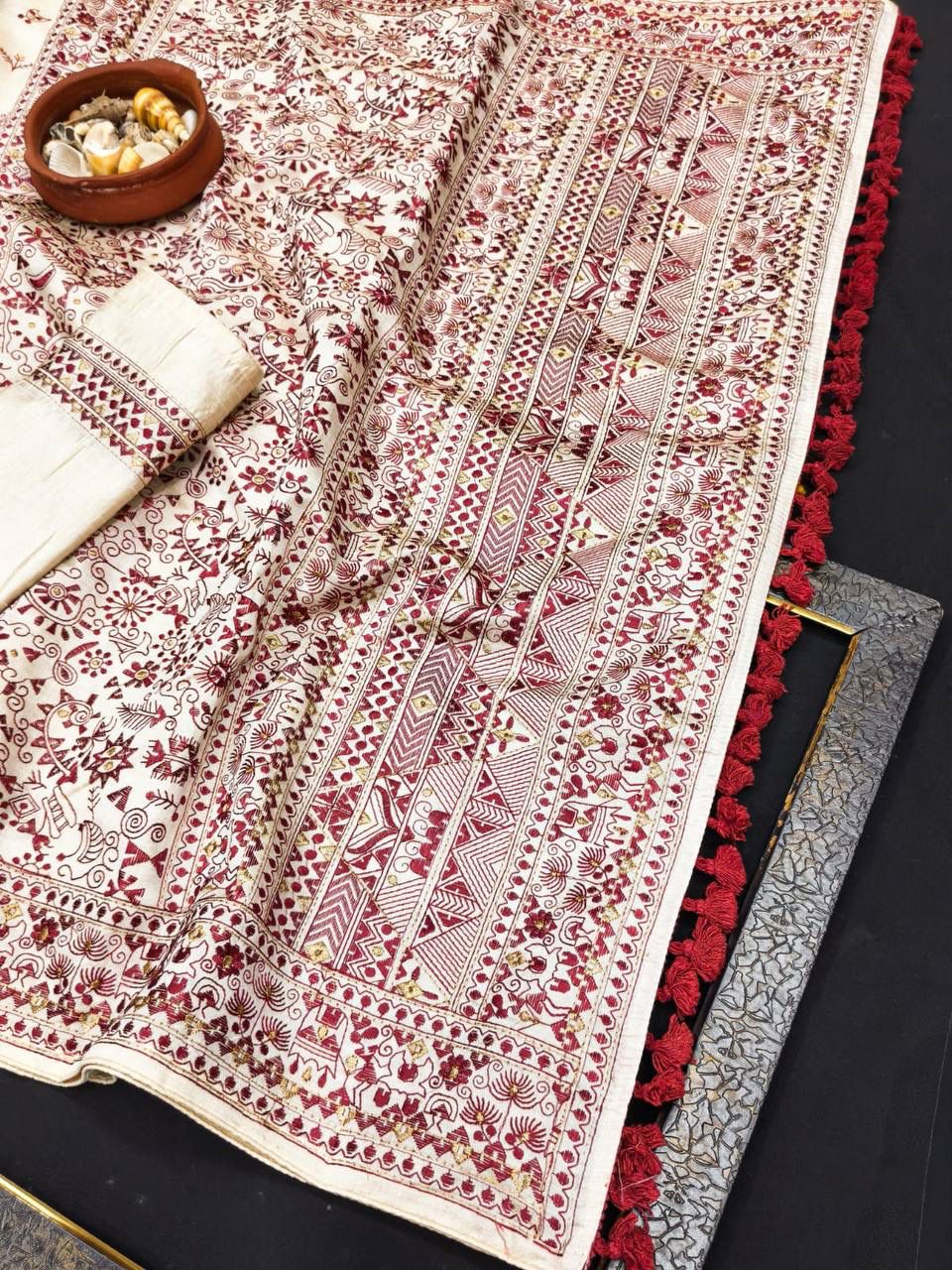 Snappy Off White Embroidery Work Tussar Silk Saree With Girlish Blouse Piece