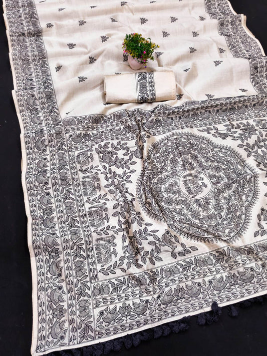 Classic Off White Embroidery Work Tussar Silk Saree With Flattering Blouse Piece