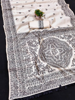 Classic Off White Embroidery Work Tussar Silk Saree With Flattering Blouse Piece
