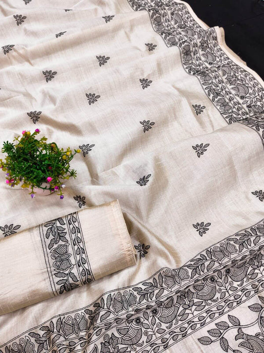 Classic Off White Embroidery Work Tussar Silk Saree With Flattering Blouse Piece