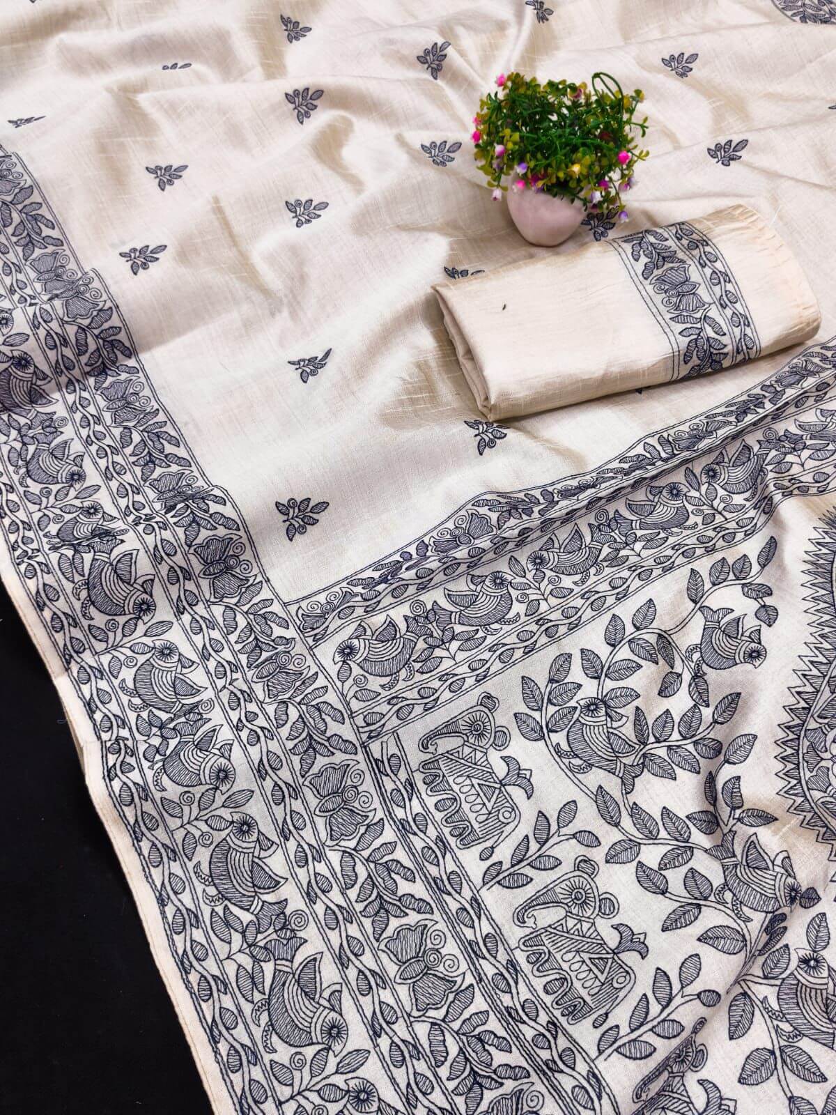 Eye-catching Off White Embroidery Work Tussar Silk Saree With Seraglio Blouse Piece