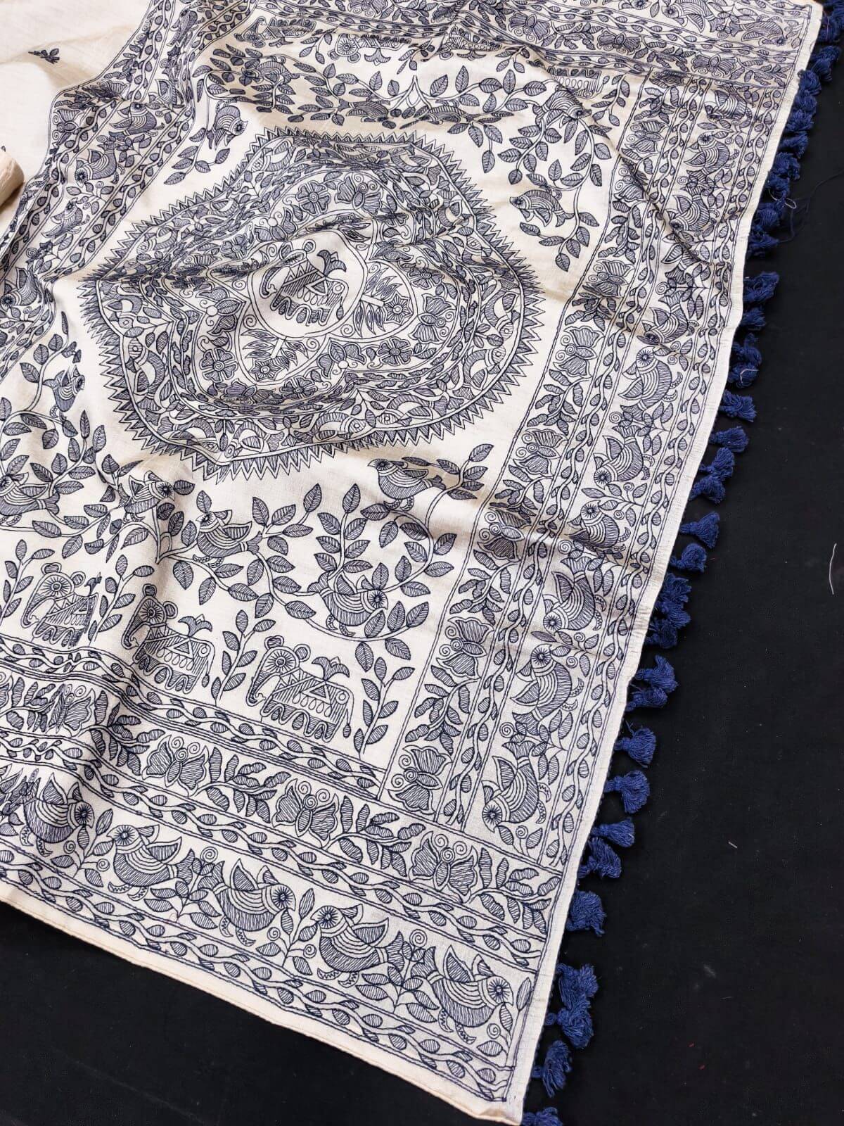 Eye-catching Off White Embroidery Work Tussar Silk Saree With Seraglio Blouse Piece