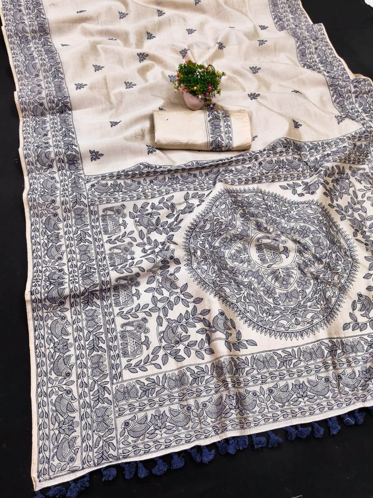 Eye-catching Off White Embroidery Work Tussar Silk Saree With Seraglio Blouse Piece