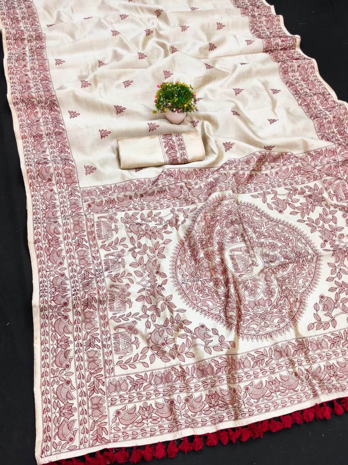 Comely Off White Embroidery Work Tussar Silk Saree With Engrossing Blouse Piece