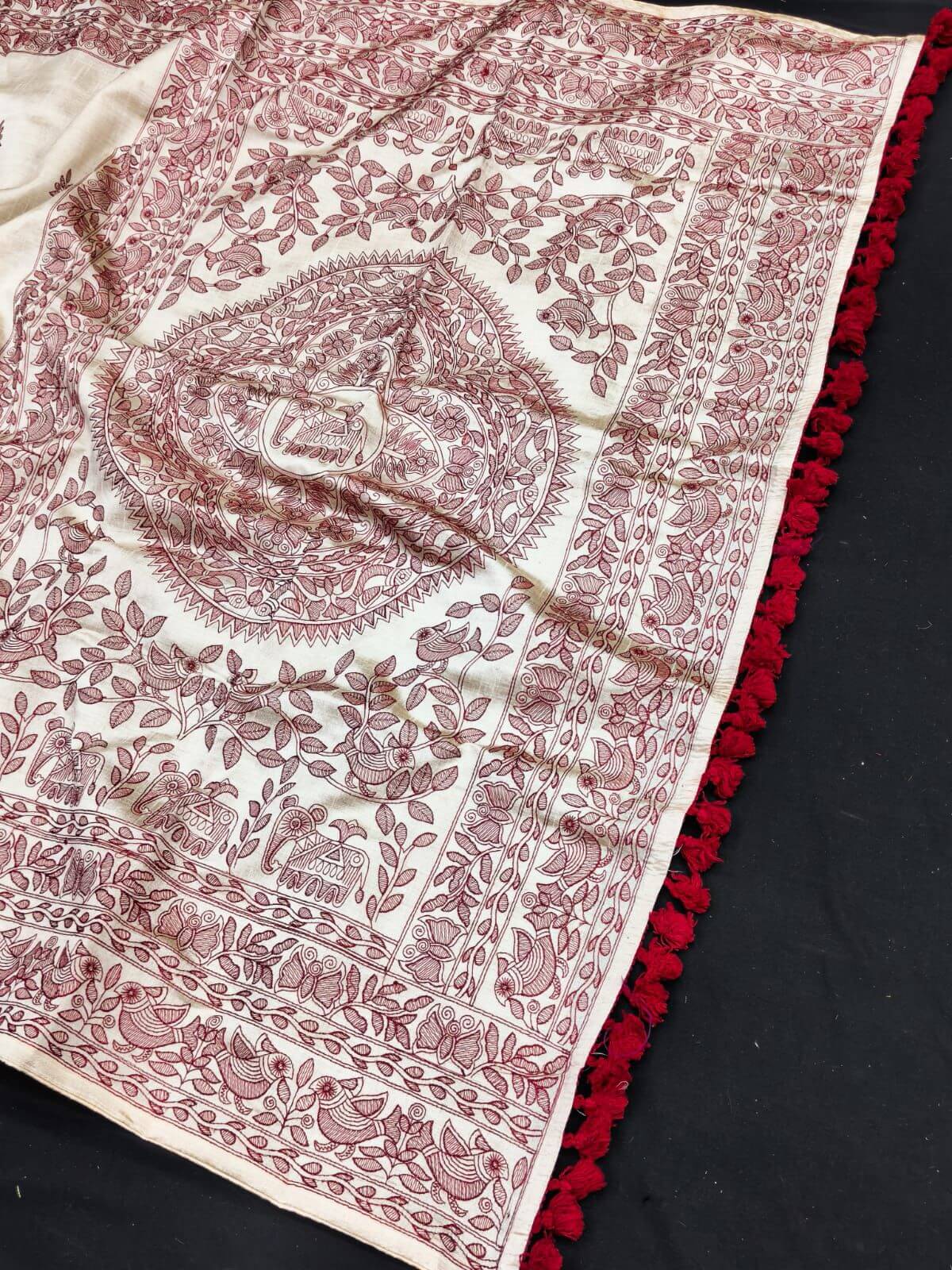 Comely Off White Embroidery Work Tussar Silk Saree With Engrossing Blouse Piece