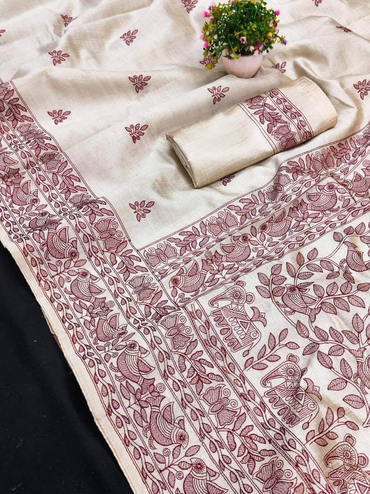 Comely Off White Embroidery Work Tussar Silk Saree With Engrossing Blouse Piece