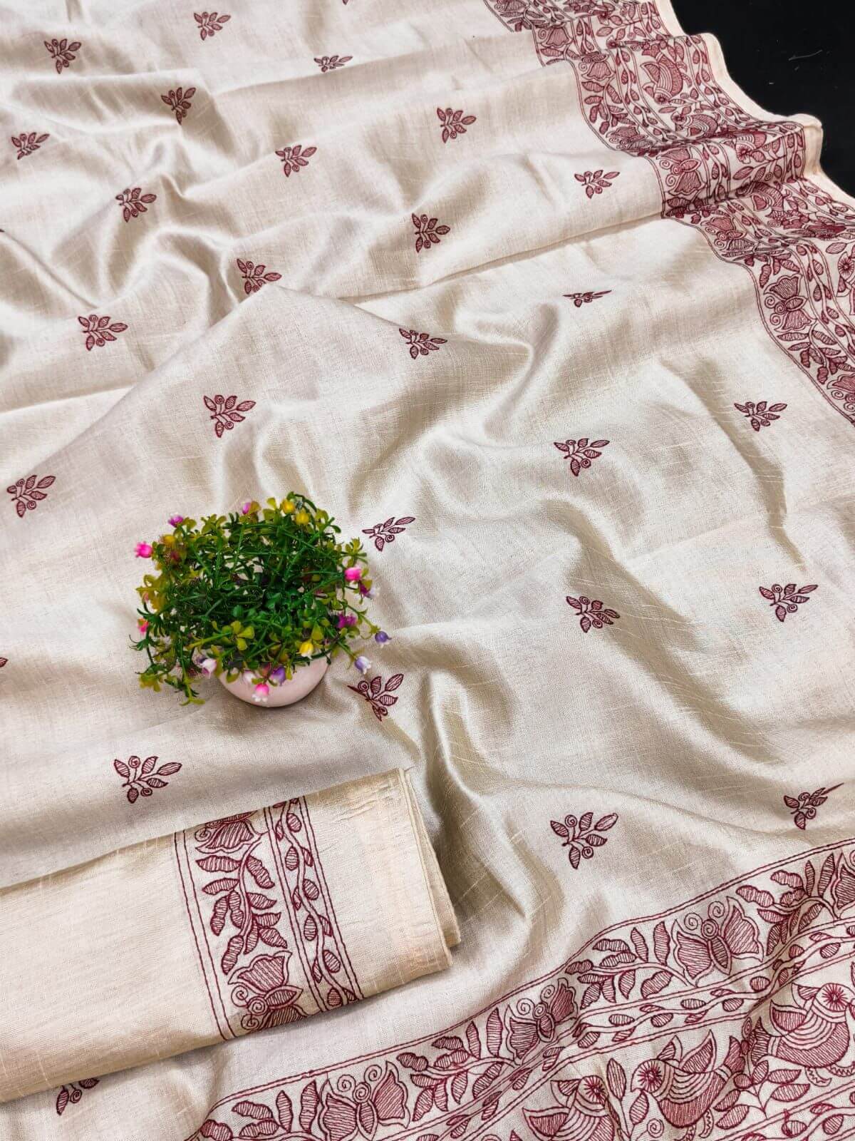 Comely Off White Embroidery Work Tussar Silk Saree With Engrossing Blouse Piece