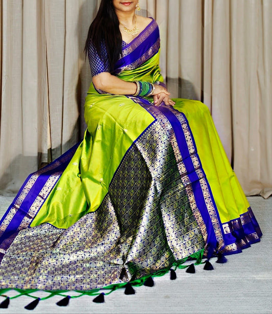 Murmurous Parrot Soft Banarasi Silk Saree With Bucolic Blouse Piece