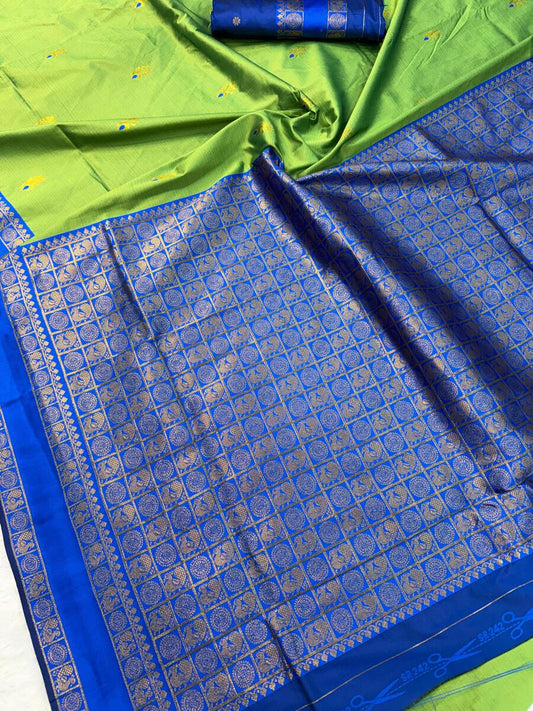 Murmurous Parrot Soft Banarasi Silk Saree With Bucolic Blouse Piece