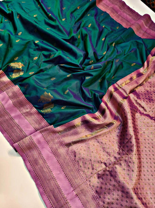 Enticing Dark Green Soft Banarasi Silk Saree With Marvellous Blouse Piece