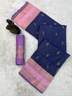 Wonderful Navy Blue Soft Banarasi Silk Saree With Glamorous Blouse Piece