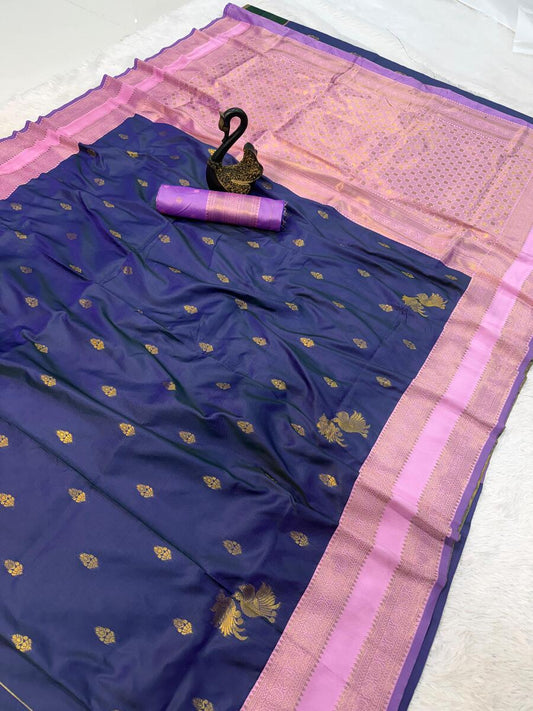 Wonderful Navy Blue Soft Banarasi Silk Saree With Glamorous Blouse Piece