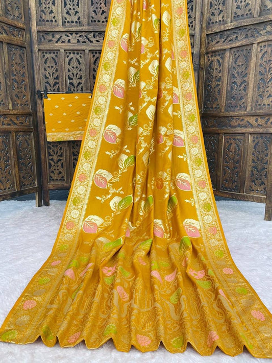 Enamoring Mustard Banarasi Dola Silk Saree With Seraglio Blouse Piece