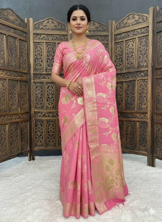 Outstanding Pink Banarasi Dola Silk Saree With Comely Blouse Piece