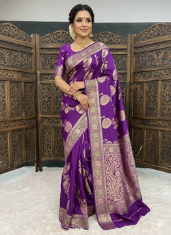 Unequalled Purple Banarasi Dola Silk Saree With Artistic Blouse Piece