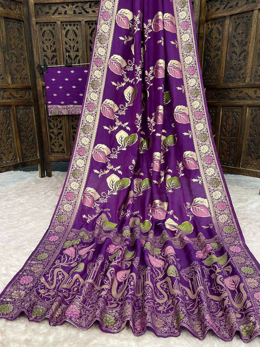 Unequalled Purple Banarasi Dola Silk Saree With Artistic Blouse Piece