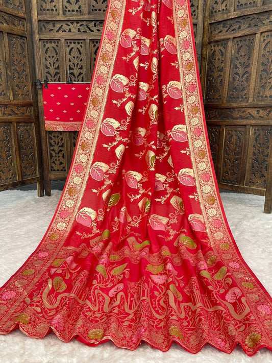 Vestigial Red Banarasi Dola Silk Saree With Stunning Blouse Piece