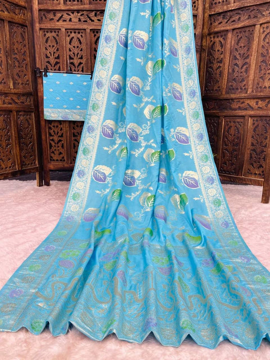 Ratatouille Sky Banarasi Dola Silk Saree With Dissemble Blouse Piece