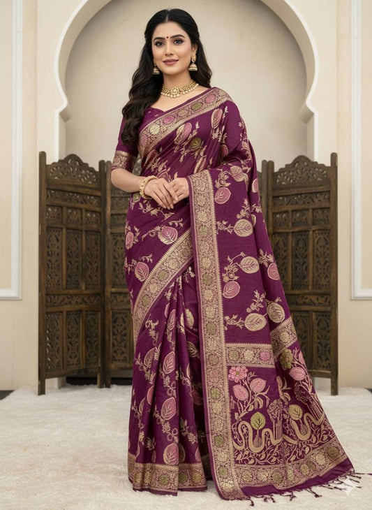 Lissome Wine Banarasi Dola Silk Saree With Blooming Blouse Piece