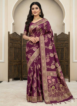 Lissome Wine Banarasi Dola Silk Saree With Blooming Blouse Piece