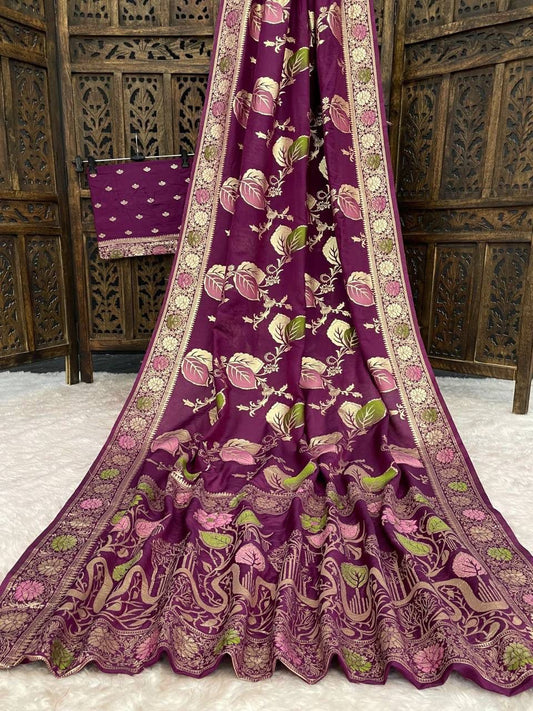 Lissome Wine Banarasi Dola Silk Saree With Blooming Blouse Piece