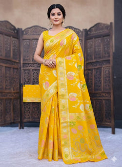 Palimpsest Yellow Banarasi Dola Silk Saree With Fragrant Blouse Piece