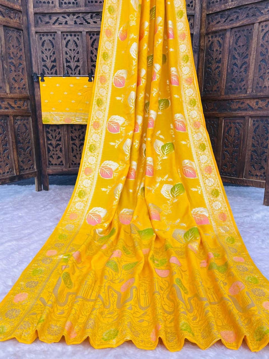 Palimpsest Yellow Banarasi Dola Silk Saree With Fragrant Blouse Piece