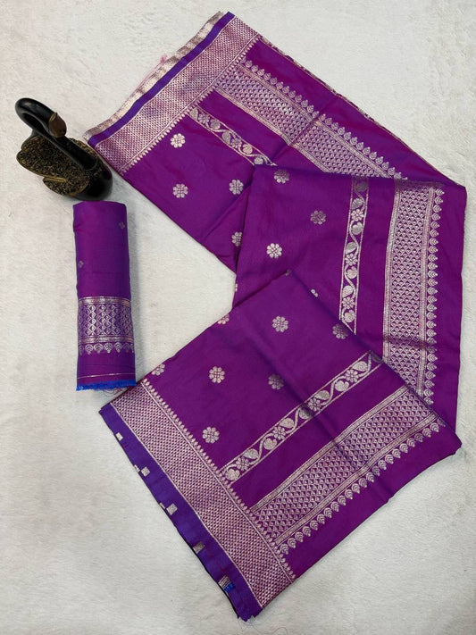 Tantalizing Purple Pure Zari Weaving Banarasi Silk Saree With Comely Blouse Piece