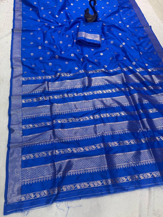 Unequalled Royal Blue Pure Zari Weaving Banarasi Silk Saree With Ornate Blouse Piece