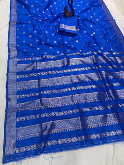 Unequalled Royal Blue Pure Zari Weaving Banarasi Silk Saree With Ornate Blouse Piece