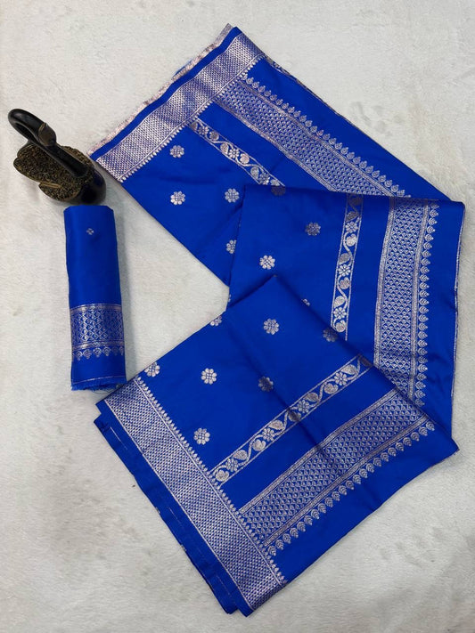 Unequalled Royal Blue Pure Zari Weaving Banarasi Silk Saree With Ornate Blouse Piece
