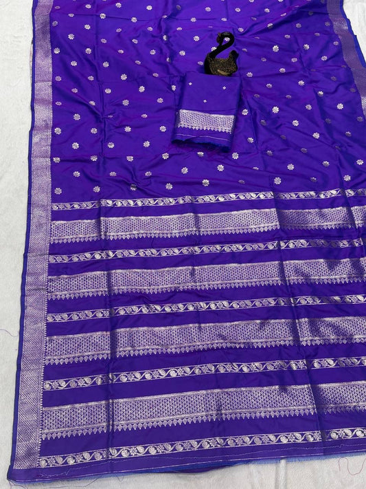 Flamboyant Royal Purple Pure Zari Weaving Banarasi Silk Saree With Fairytale Blouse Piece