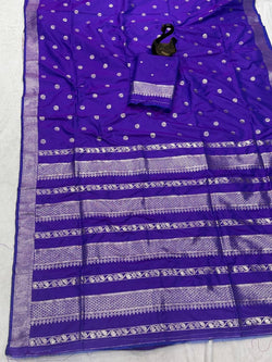 Flamboyant Royal Purple Pure Zari Weaving Banarasi Silk Saree With Fairytale Blouse Piece