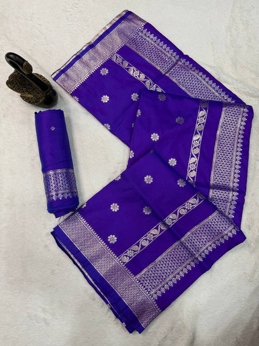 Flamboyant Royal Purple Pure Zari Weaving Banarasi Silk Saree With Fairytale Blouse Piece