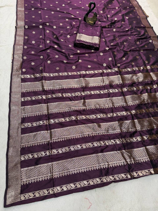 Lagniappe Wine Pure Zari Weaving Banarasi Silk Saree With Divine Blouse Piece