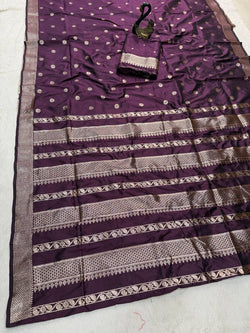 Lagniappe Wine Pure Zari Weaving Banarasi Silk Saree With Divine Blouse Piece