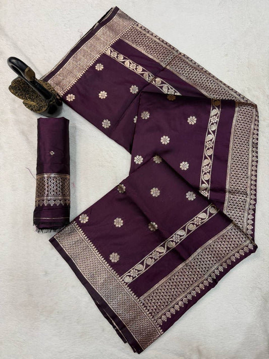 Lagniappe Wine Pure Zari Weaving Banarasi Silk Saree With Divine Blouse Piece