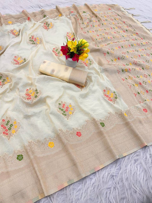 Bewitching Beige Banarasi Georgette Silk Saree With Conflate Blouse Piece