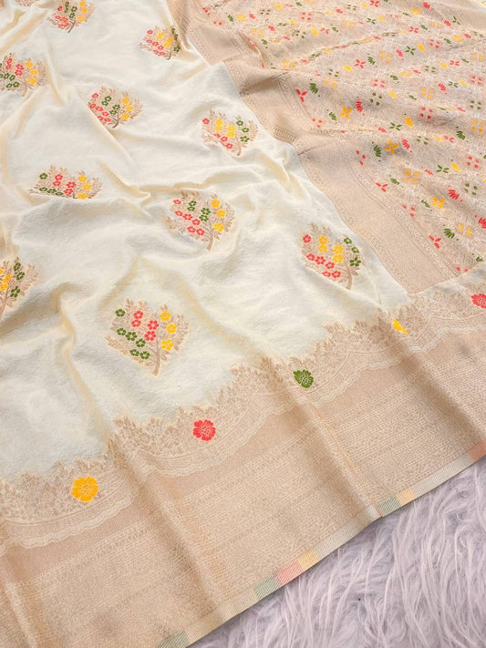 Bewitching Beige Banarasi Georgette Silk Saree With Conflate Blouse Piece