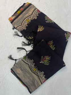 Gratifying Black Banarasi Georgette Silk Saree With Symmetrical Blouse Piece