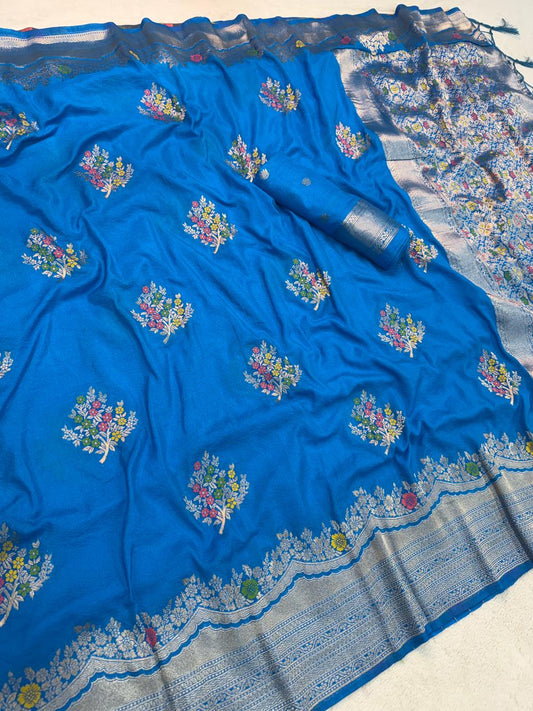 Demesne Blue Banarasi Georgette Silk Saree With Felicitous Blouse Piece