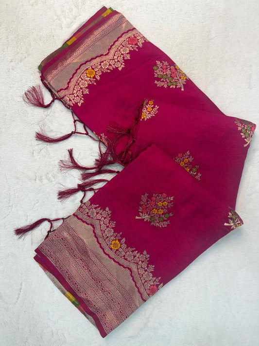 Murmurous Dark Pink Banarasi Georgette Silk Saree With Elegant Blouse Piece
