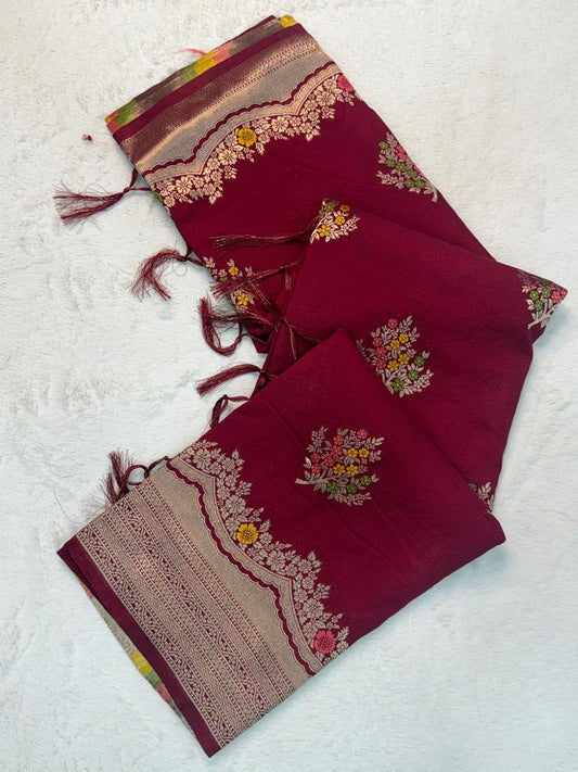 Delightful Maroon Banarasi Georgette Silk Saree With Resplendent Blouse Piece