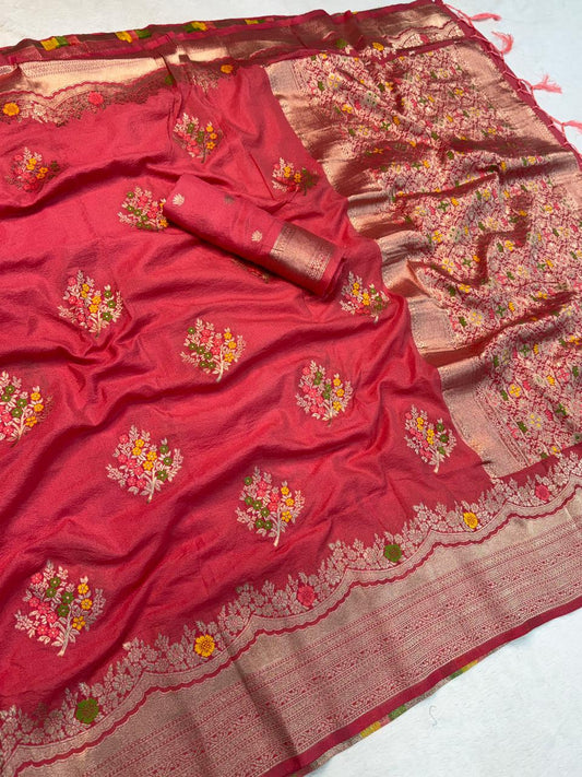 Exceptional Pink Banarasi Georgette Silk Saree With Impressive Blouse Piece