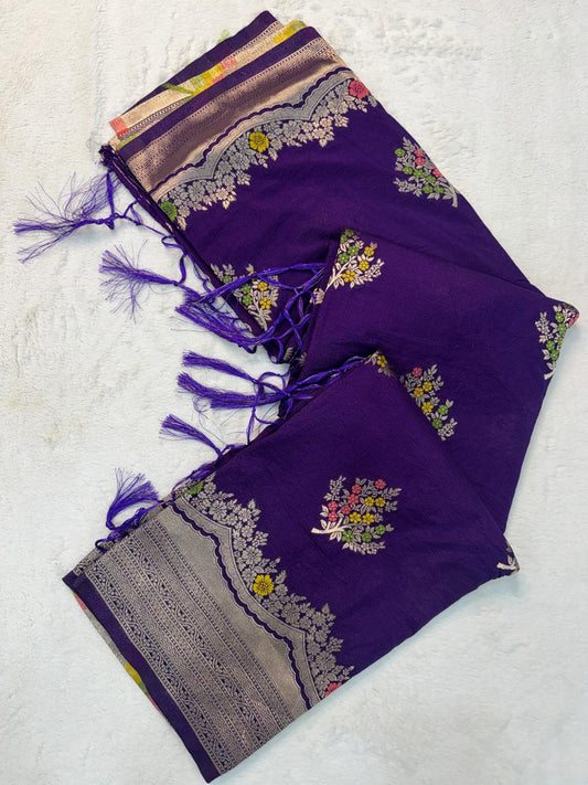 Evocative Purple Banarasi Georgette Silk Saree With Dalliance Blouse Piece
