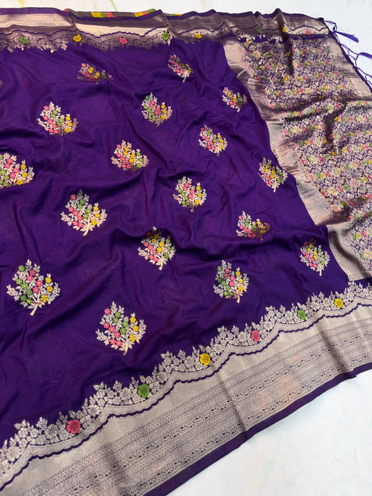 Evocative Purple Banarasi Georgette Silk Saree With Dalliance Blouse Piece