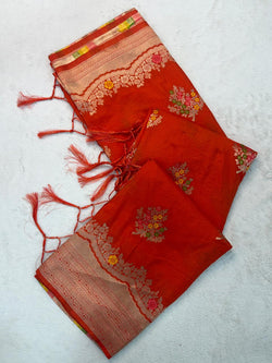 Sonorous Red Banarasi Georgette Silk Saree With Eloquence Blouse Piece