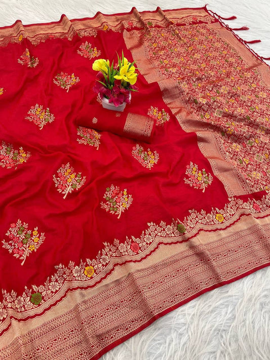 Sonorous Red Banarasi Georgette Silk Saree With Eloquence Blouse Piece